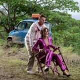 Sandra Bullock and Channing Tatum are present in a scene outdoors. Bullock sits in a chair with one chair leg snapping and she is about to fall. Tatum catches her.The movie is Paramount Pictures' "THE LOST CITY."