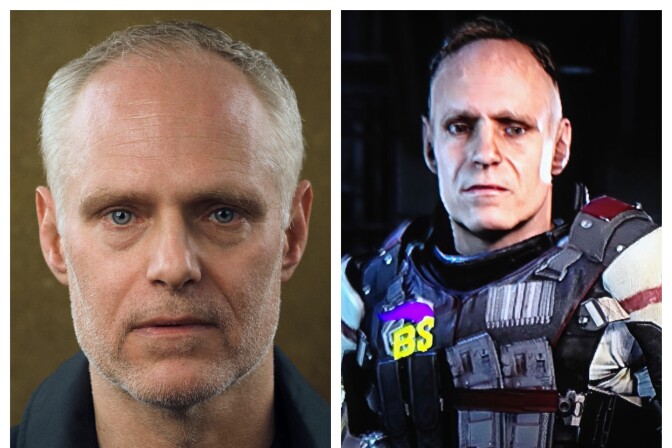 The left image is a headshot of actor Erik Passoja. The right image is of Passoja's digital likeness in a video game. He wears black and white body armor. 