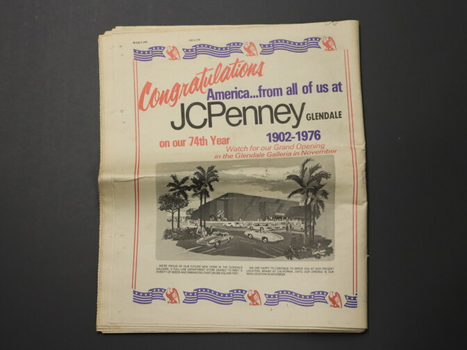 A newspaper clipping from 1976 of a JCPenney ad that reads "Congratulations America... from all of us at JCPenney Glendale on our 74th year 1902-1976"