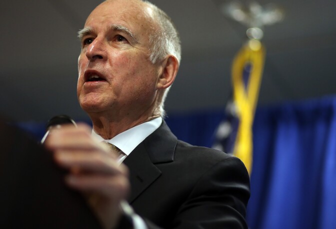 SAN FRANCISCO, CA - JANUARY 17:  California Gov. Jerry Brown speaks during a news conference on January 17, 2014 in San Francisco, California.  Gov. Brown declared a drought state of emergency for  California as the state faces water shortfalls in what is expected to be the driest year in state history. Residents are being asked to voluntarily reduce water usage by 20%.  (Photo by Justin Sullivan/Getty Images)