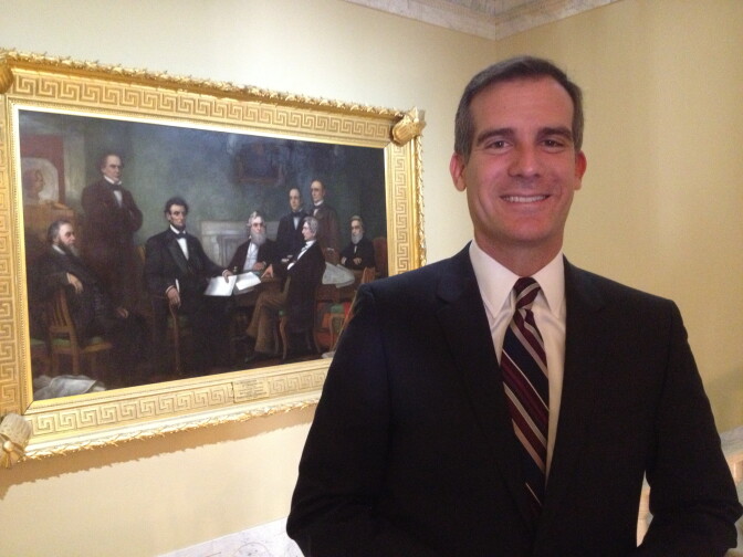 Los Angeles Mayor Eric Garcetti, outside a reception room in the U.S. Capitol where he met with U.S. Senator Barbara Boxer about the L.A. River restoration project.