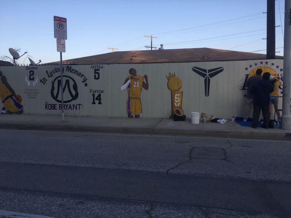 Sergio Zepeda painting a 56 foot mural in Elysian Valley commemorating Kobe Bryant and the other 8 others who lost their lives in the Calabasas crash