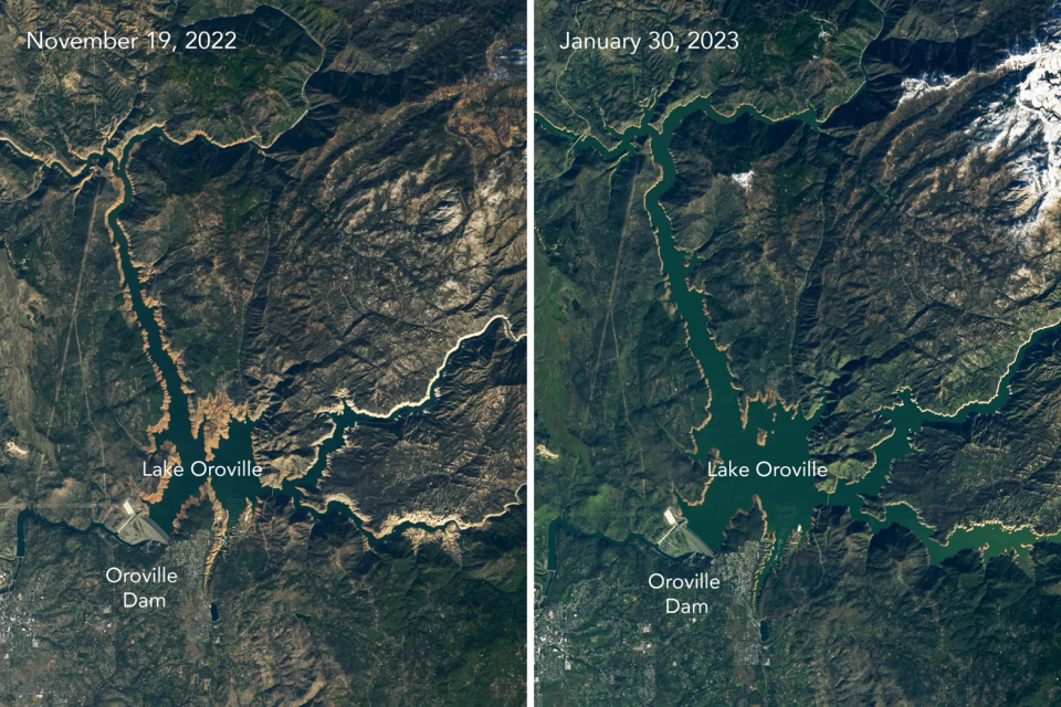 Side-by-side images of Lake Oroville show changes in the landscape between November 19, 2022 and January 30, 2023. The November image is lighter and browner; the January image shows a lush green landscape.