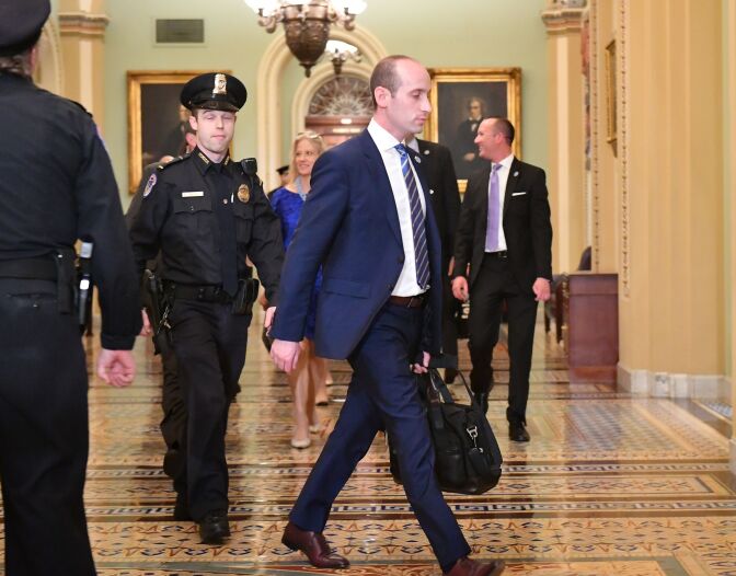 Senior advisor for policy for President Donald Trump Stephen Miller arrives for the Senate Republican policy lunch at the US Capitol in Washington, DC on May 15, 2018. (Photo by MANDEL NGAN / AFP)        (Photo credit should read MANDEL NGAN/AFP/Getty Images)