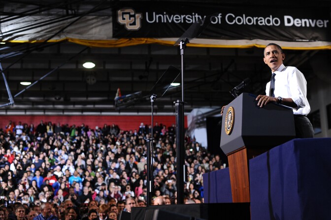 US President Barack Obama speaks on the steps the administration is taking to increase college affordability by making it easier to manage student loan debt at the Colorado University in Denver, Colorado, on October 26, 2011. 