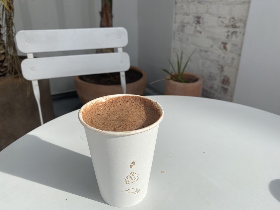 A frothy cup of hot chocolate sits in a white paper cup on a white bistro table. A chair is nearby, as well as decorative plants. 