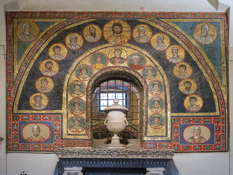 The triumphal arch at St. Praxedes leads the way to a crypt that holds the remains of 2,300 martyrs.
