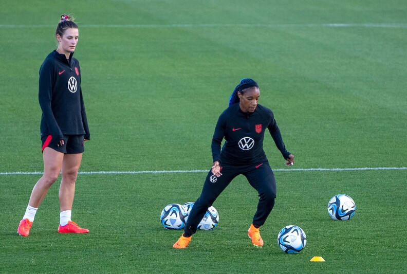 Crystal Dunn of the United States dribbles at the USA FIFA Women's World Cup football team practice in New Zealand.