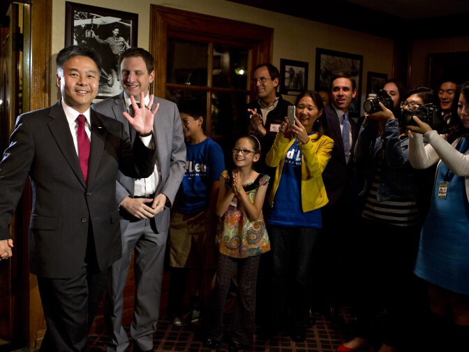 Congressional district 33 candidate Ted Lieu arrives to his election night party at the Proud Bird in Westchester on Tuesday night, Nov. 4, 2014.
