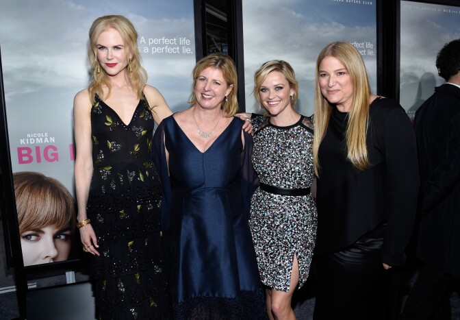 HOLLYWOOD, CA - FEBRUARY 07:  Actress  Nicole Kidman, author Liane Moriarty, actress Reese Witherspoon, and executive producer Bruna Papandrea attend the premiere of HBO's "Big Little Lies" at TCL Chinese Theatre on February 7, 2017 in Hollywood, California.  (Photo by Kevork Djansezian/Getty Images)