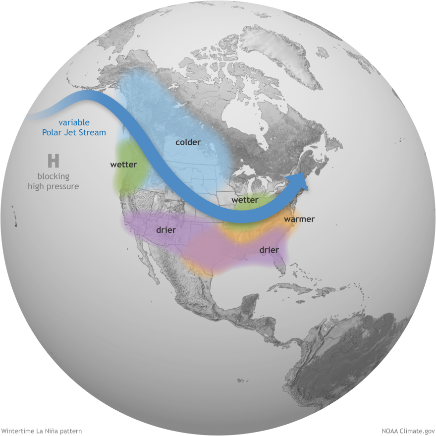 An image of a world globe centered in the Americas, with temperature descriptions through U.S. regions of drier, wetter, colder and warmer conditions.