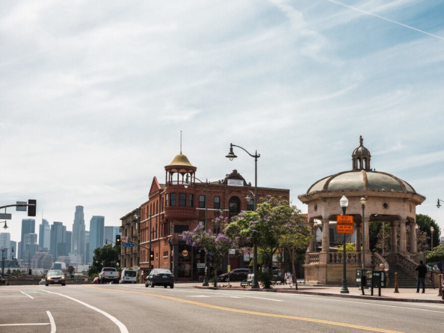 A shot of Mariachi Plaza and Downtown LA from First Street in Boyle Heights.
