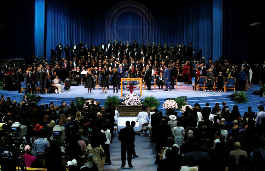American gospel singers The Clark Sisters perform their hit "Is my Living in Vain?" at Aretha Franklin's funeral.