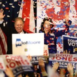 BIRMINGHAM, AL - DECEMBER 12:  Democratic U.S. Senator elect Doug Jones (L) and wife Louise Jones (R) greet supporters during his election night gathering the Sheraton Hotel on December 12, 2017 in Birmingham, Alabama.  Doug Jones defeated his republican challenger Roy Moore to claim Alabama's U.S. Senate seat that was vacated by attorney general Jeff Sessions. (Photo by Justin Sullivan/Getty Images)
