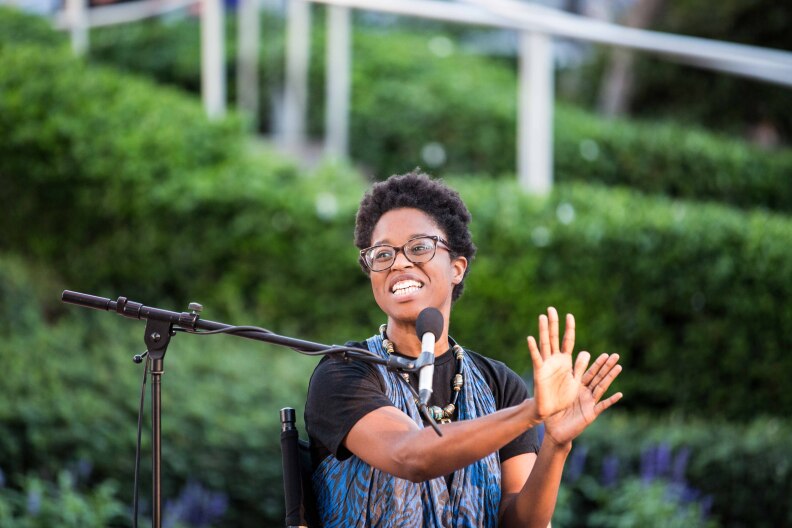 Povi-Tamu Bryant from #blacklivesmatter Los Angeles at Grand Performances' Aftershocks 