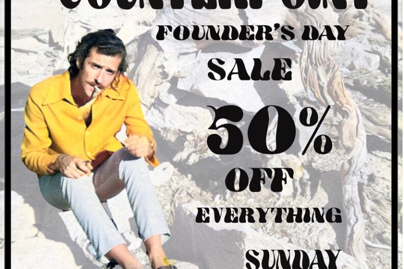 A man with light skin and yellow shirt and grey with smoking a cigarette sits with the words Counterpoint Founder's Day Sale 50% Off Everything Sunday, Aug 18th