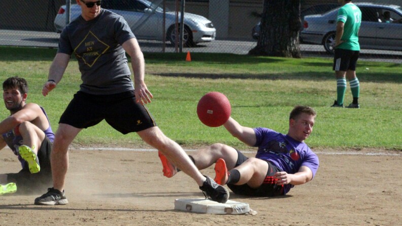 Participants in a West Hollywood Kickball league. Ever wonder where the rules of kickball come from? You might be surprised. 