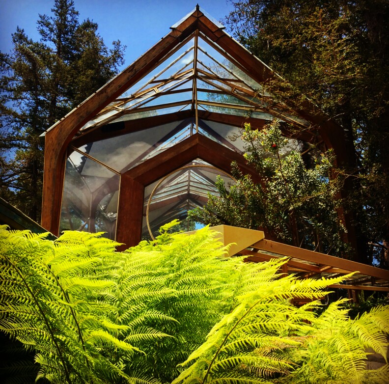 An exterior view of Wayfarers Chapel, taken before its closure due to recent landslides.