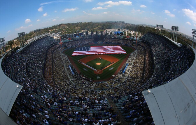LOS ANGELES, CA - APRIL 12:  A general view of the pre-game ceremony is seen from an elevated perspecive prior to the MLB game between the Arizona Diamondbacks and the Los Angeles Dodgers at Dodger Stadium on April 12, 2016 in Los Angeles, California.  (Photo by Victor Decolongon/Getty Images)