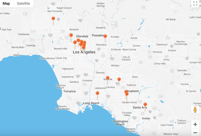 A screenshot of a map of Los Angeles, with red dots depicting locations of different organizations.