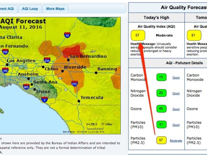 The Air Quality Index always presents the highest number of the bunch at its top. The index takes five different pollutant measurements into account, and rates their make up on a scale of 0 to 500. When wildfires are burning, particle pollutants PM2.5, and particle pollutants PM10 are usually the top air quality concerns. 
