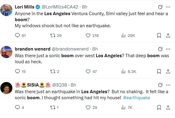 A series of texts about a loud boom being heard in Los Angeles.