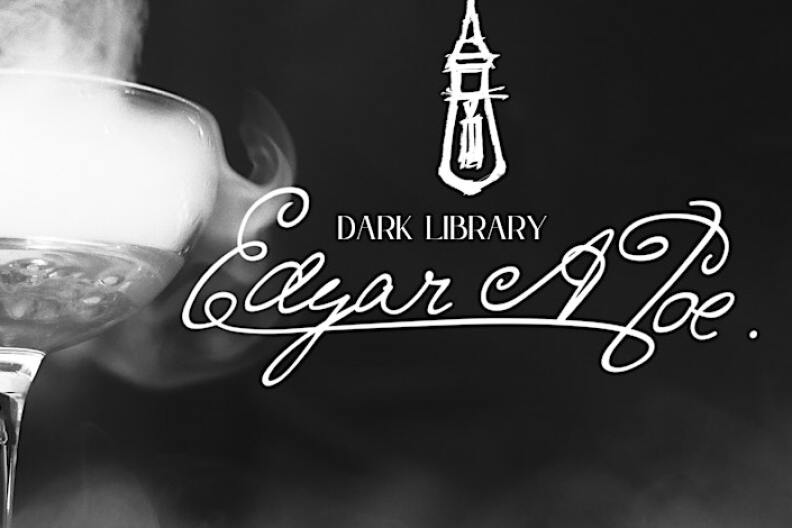 A black and white photo of a smoky cocktail with the words "Dark Library: Edgar Allan Poe" written to the right.