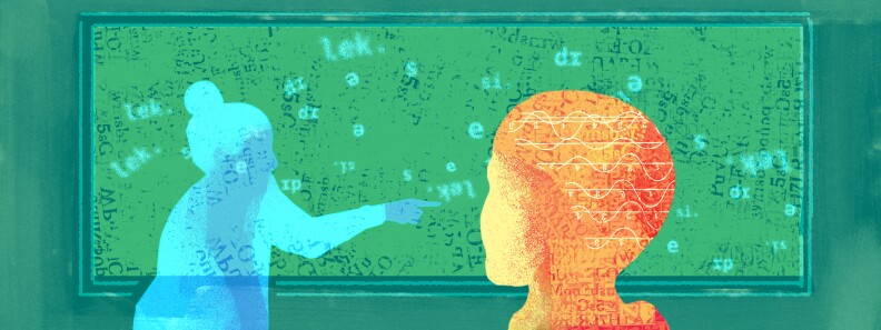 An illustration of a teacher, outlined in blue, standing in front of a blackboard teaching a child, outlined in orange. The board is filled with phonemes.