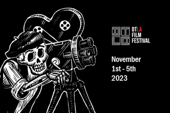 Image of a skeleton wearing a beret behind a film camera for the DTLA Film Festival, November 1st - 5th, 2023.