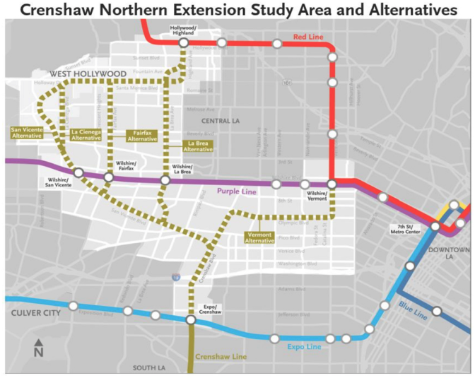 A feasibility study from LA Metro shows the five options for routes of the Crenshaw Line Northern Extension, not slated for completion until the 2040s.