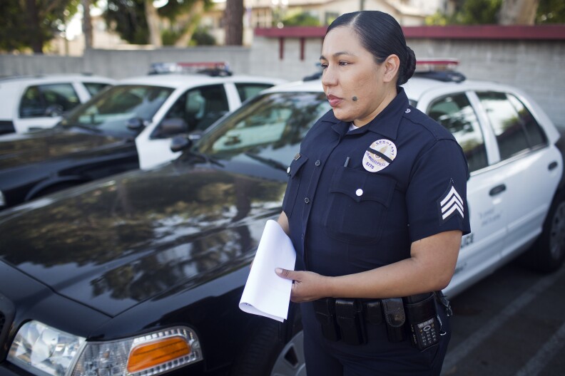 Sgt. Rosie Mejia of the LAPD's Hollywood Division prepares to go out on a patrol shift on Monday, May 12. Mejia is from the same division as officer Nicholas Lee, who was killed when his patrol car collided with a commercial vehicle on March 7.