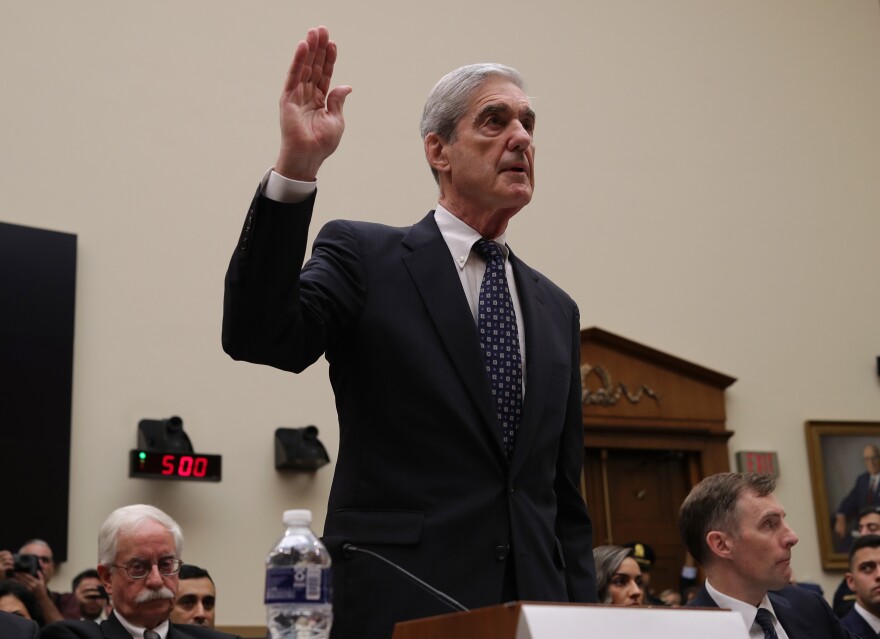 WASHINGTON, DC - JULY 24: Former Special Counsel Robert Mueller is sworn in before testifying to the House Judiciary Committee about his report on Russian interference in the 2016 presidential election in the Rayburn House Office Building July 24, 2019 in Washington, DC. Mueller, along with former Deputy Special Counsel Aaron Zebley, will later testify before the House Intelligence Committee in back-to-back hearings on Capitol Hill. (Photo by Chip Somodevilla/Getty Images)