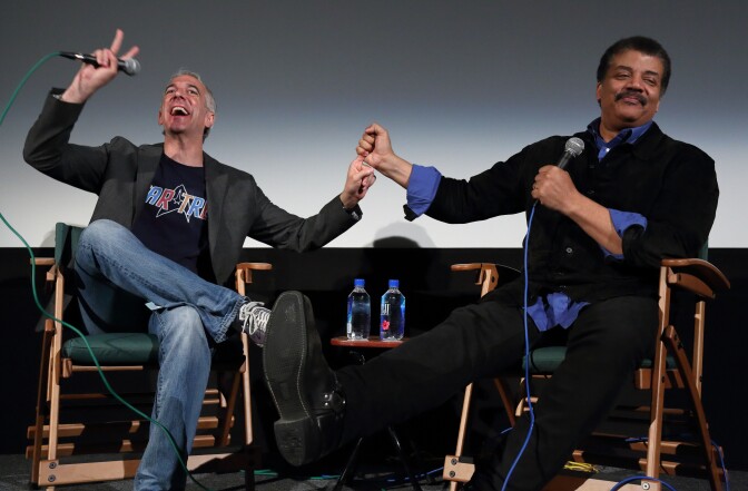 L-R Access Hollywood film critic Scott Mantz moderates a talk by Neil deGrasse Tyson at the Aero Theatre in Santa Monica, June 9, 2017. Courtesy of the American Cinematheque