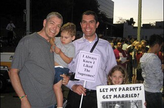 Celebrating the state supreme court ruling Thursday in West Hollywood: (L-R) Bill Walker; James Walker-Ziegler, 2; Walker's partner of nine years, Kelly Ziegler; Elizabeth Walker-Ziegler, 7.