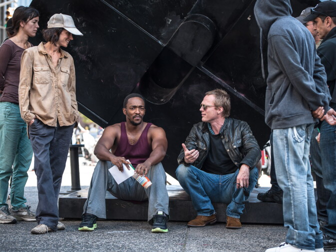 On set of "Shelter" with (L-R) Jennifer Connelly, Anthony Mackie and Paul Bettany