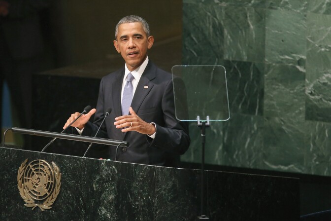 NEW YORK, NY - SEPTEMBER 28:  (AFP OUT) U.S. President Barack Obama addresses the 70th annual United Nations General Assembly at the UN headquarters September 28, 2015 in New York City. Obama will hold bilateral meetings with Indian Prime Minister Narendra Modi and Russian President Vladimir Putin later in the day.  (Photo by Chip Somodevilla/Getty Images)
