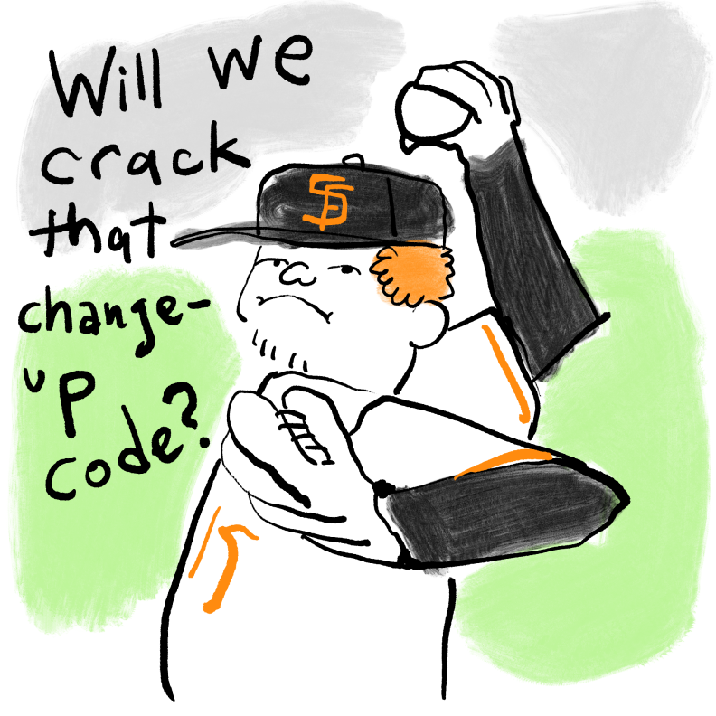 Text reads "Will we crack that change-up code?" Drawing shows a Giants pitcher with his arm back for a pitch.