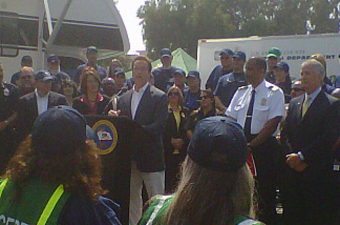 Gov. Arnold Schwarzenegger at a press conference announcing California's Disaster Corps, a disaster-training program, June 25, 2010.