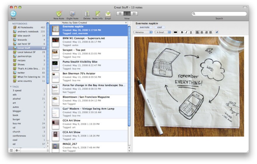 Screenshot of the note-taking app, Evernote. 