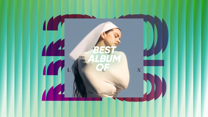 Photo of an album cover of a woman wearing a white habit on her head and her torso wrapped in white material. The album is superimposed on a graphic of green columns and the number "2025."