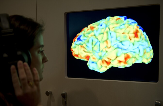 A woman looks at a functional magnetic resonance image (fMRI) showing the effect of Stravinsky's Rite of Spring and Kant's 3rd Critique on the human brain during the Wellcome Collection's major new exhibition "Brains: mind of matter" in London on March 27, 2012. AFP PHOTO / MIGUEL MEDINA (Photo credit should read MIGUEL MEDINA/AFP/Getty Images)