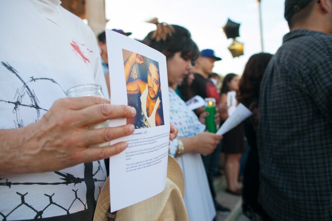 A  vigil in memory of the victims of the Orlando shooting, held at Mariachi Plaza in Boyle Heights, Los Angeles. on Friday, June 17, 2016.