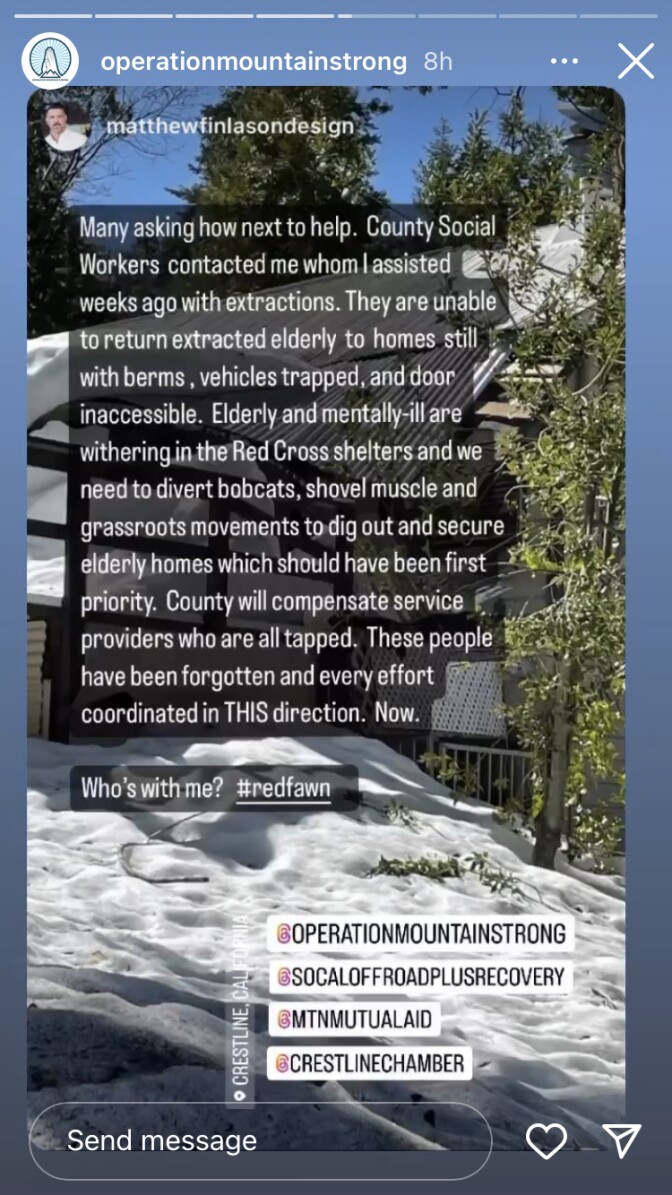 A screenshot of an image with a snowed in home and text overlaying it. 