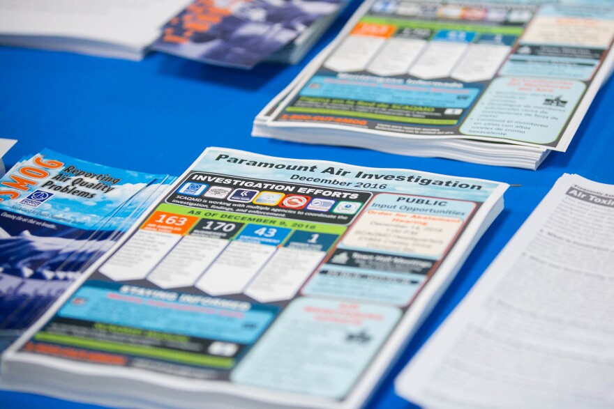Town hall meeting at the Paramount Community Center hosted by South Coast Air Quality Management District (SCAQMD) and Los Angeles County Department of Public Health to provide the public with information on air monitoring efforts and the investigation of hexavalent chromium sources on Monday, Dec. 12, 2016 in Paramount, Calif.