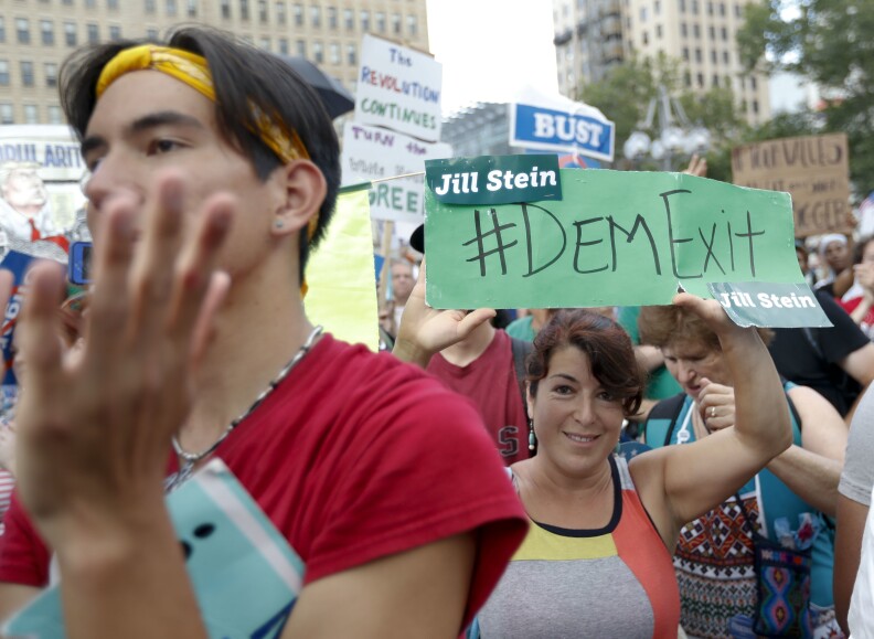 Supporters cheer as Dr. Jill Stein, presumptive Green Party presidential nominee, speaks at a rally in Philadelphia, Wednesday, July 27, 2016, during the third day of the Democratic National Convention. (AP Photo/Alex Brandon)