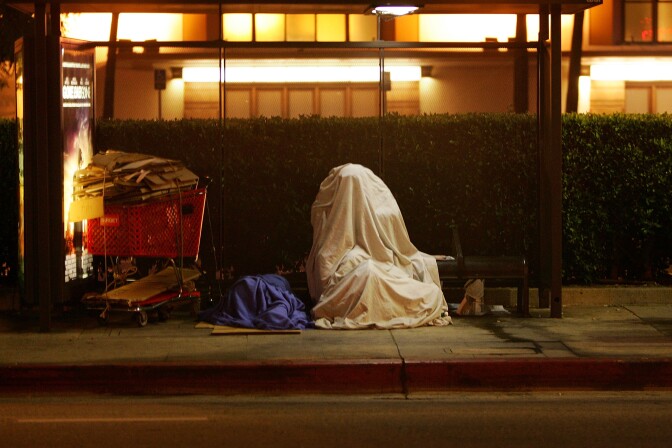 A homeless person covers up on a bus stop bench before dawn October 12, 2007 in downtown Los Angeles, California.  Los Angeles city officials recently settled a 2003 lawsuit brought by advocates for homeless skid row residents who complained of being arrested for sleeping on sidewalks, despite having nowhere else to go. Under the new deal, people can sleep on Los Angeles sidewalks between 9 p.m. to 6 a.m. as long as they do not block doorways or driveways, or completely block the sidewalk. Los Angeles is often referred to as the homeless capital of the nation because of its estimated 40,144 people living on city streets and 73,000 homeless spread across the county, according to recent figures attributed to the Los Angeles Homeless Services Authority, The 73,000 homeless include 10,000 minors, 24,505 people suffering from a mental illness, 8,453 military veterans, and nearly 7,200 victims of domestic abuse. 