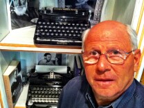 Steve Soboroff and two typewriters from his collection.