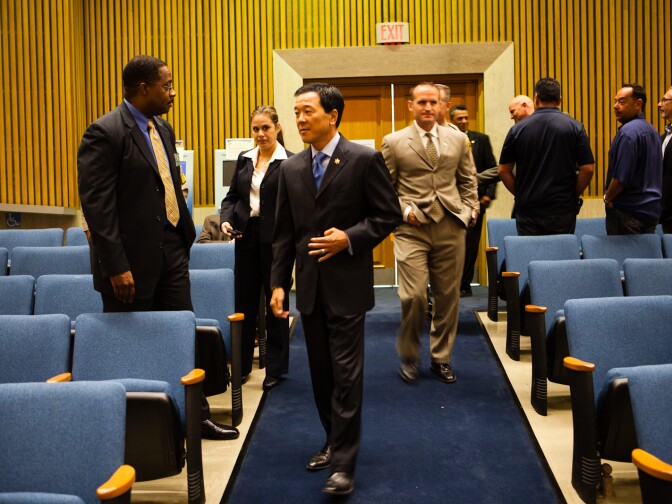 Undersherrif Paul Tanaka arrives for a hearing with the Citizens Commission on Jail Violence on Friday, July 27, 2012.