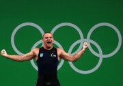 Oleksandr Pielieshenko of Ukraine reacts during the Weightlifting - Men's 85kg on Day 7 of the Rio 2016 Olympic Games at Riocentro - Pavilion 2 on August 12, 2016 in Rio de Janeiro, Brazil.