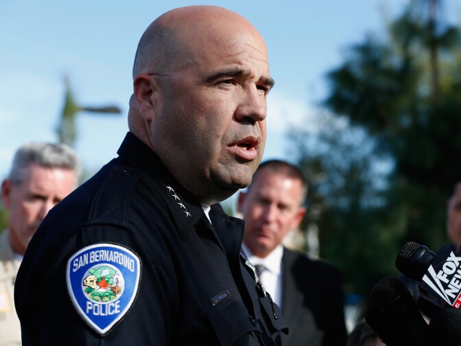 San Bernardino Police Chief Jarrod Burguan speaks with the media regarding the shooting that left 14 dead at the Inland Regional Center on December 2, 2015 in San Bernardino, California. 